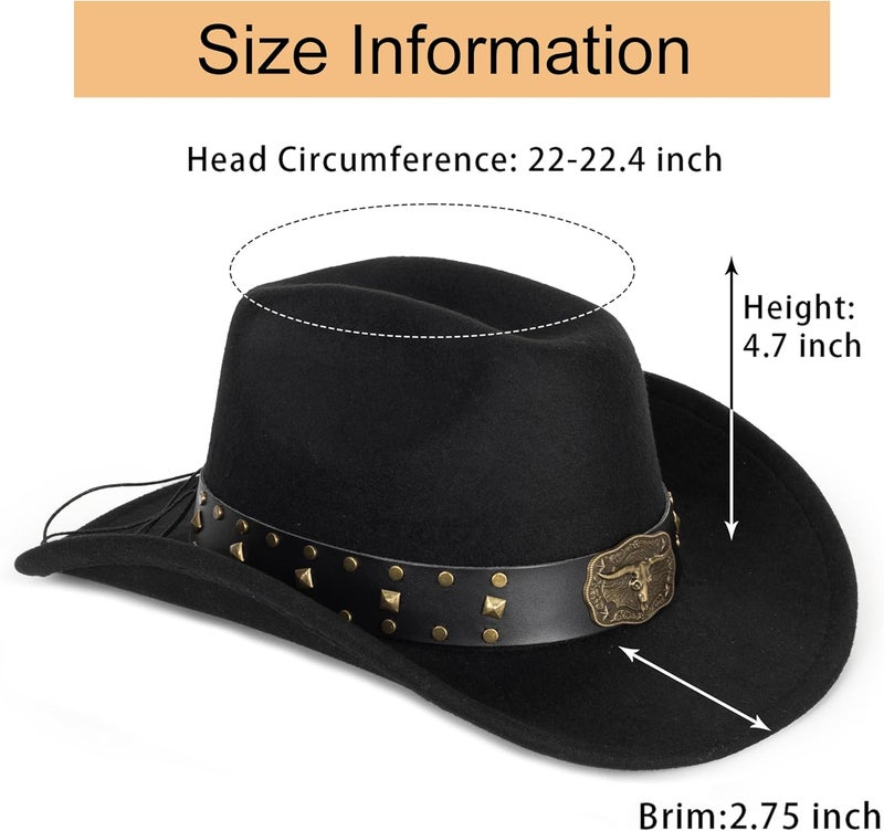 Eohak Womens Western Cowboy Hats Studded Pinched Western Cowgirl Hats Wide Brim Fedoras Hat with Belt Buckle (Size:Medium) - Image 2